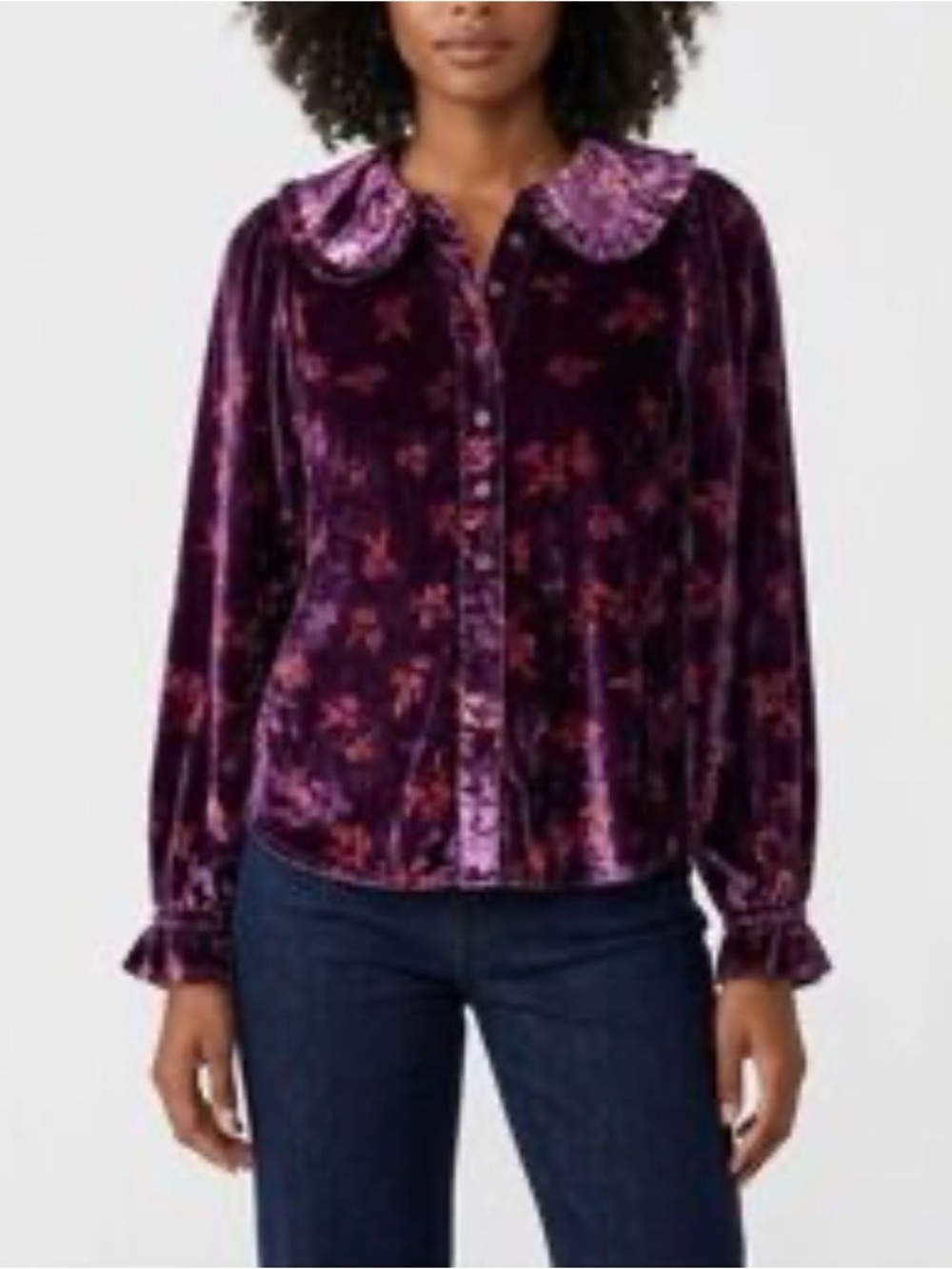 Pilcro Velvet Floral Button-Front Blouse in Deep Purple Anthropologie size M
